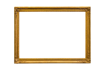 Antique wooden patterned frame for paintings or photographs with gilding, highlighted on a white background. Blank for the designer.