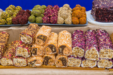 Oriental sweets in various versions. Rolls and balls.