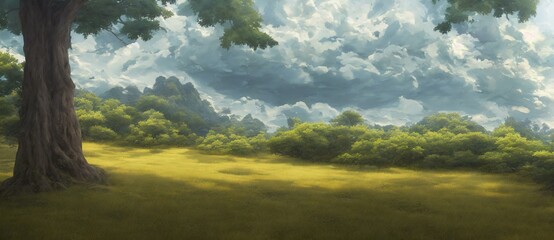 A Tree In A Grassy Field, Breathtaking Concept Background Wallpaper. Digital Illustration. - obrazy, fototapety, plakaty
