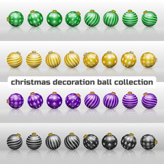 Colorful christmas balls. green, yellow, purple and black, realistic decoration vector set.