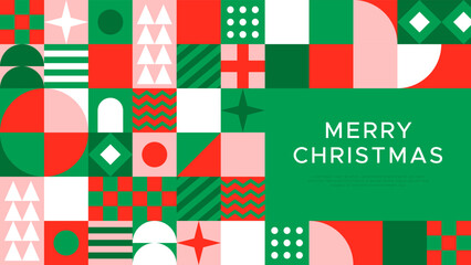 Fototapeta na wymiar Merry Christmas landing web page template for holiday celebration event. Flat geometry shape mosaic illustration in abstract scandinavian art style.