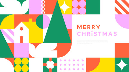 Merry Christmas landing web page template for holiday celebration event. Flat geometry shape mosaic illustration in abstract scandinavian art style.