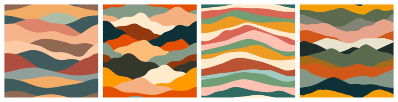 Colorful mountain landscape seamless pattern set. Abstract hill nature background collection in vintage colors. Panoramic travel backdrop print, multicolor outdoor texture illustration.
