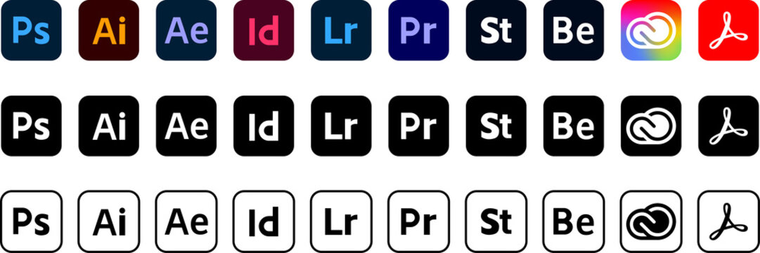Adobe Creative Cloud product icon set. Adobe, Creative Cloud, Illustrator, Photoshop, Indesign, After Effects, Lightroom. PNG image