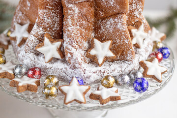 Traditional Italian Christmas cake Panettone Pandoro. Christmas decorations. copy space