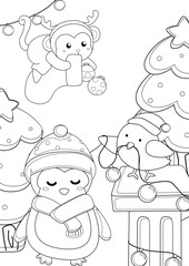 Christmas Animal Penguin Monkey Coloring Pages A4 for Kids & Adult