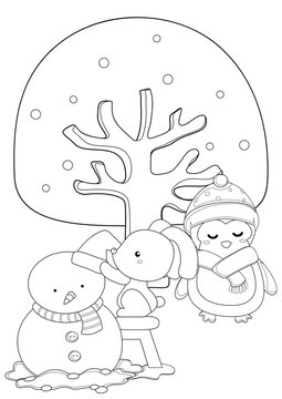 Christmas Animal Penguin & Rabbit Coloring Pages A4 for Kids & Adult