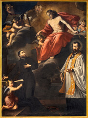 CHIAVENNA, ITALY - JULY 20, 2022: The painting of Resurrected Jesus and jesuits saints St. Francis...