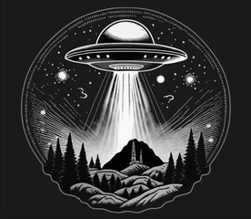 Flying ship from space in the starry sky over a forest glade Isolated vector illustration © Zaleman
