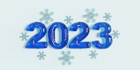 3d render blue balloon 2023 happy new year celebration with snowflake on blue background