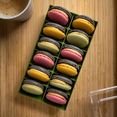 Zelfklevend Fotobehang Top view of colorful French macarons in a box over the wooden surface © Pjm Captures/Wirestock Creators