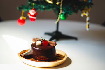 Delicious chocolate cake in the Christmas bakery.