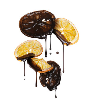 Dried oranges poured with melted chocolate in the air