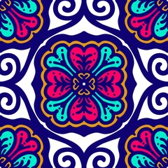 Fototapeta na wymiar Retro geometric pattern in repeat. Fabric print. Damask style Seamless pattern background, mosaic ornament, vintage style. Design for prints on fabrics