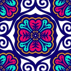 Fototapeta premium Retro geometric pattern in repeat. Fabric print. Damask style Seamless pattern background, mosaic ornament, vintage style. Design for prints on fabrics