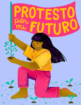 Ni&ntilde;a latina con planta en su mano y bandera protesto por mi futuro