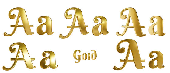 3D alphabet. Golden font with transparent background. Gold. Letter A, a. 5 variants at different angles.