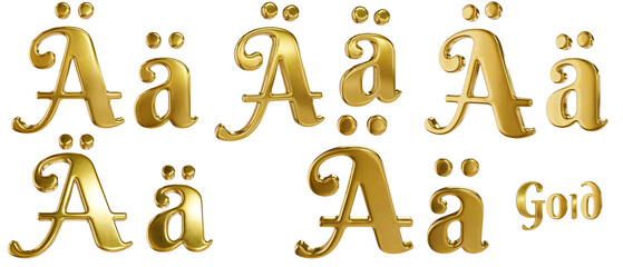 3D alphabet. Golden font with transparent background. Gold. Letter Ä, ä. 5 variants at different angles.