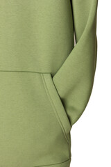Close-up detail green sweatshirt with kangaroo pocket with close-up seams. The concept of modern comfortable sportswear and detox.