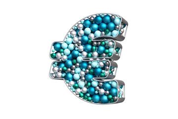 Euro symbol made of blue, silver and teal Christmas balls. Creative design suitable for advertisements, promotions and projects in a winter holidays concept. High quality 3D rendering.