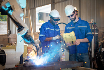 Two engineers mechanic using computer controller Robotic arm for welding steel in steel factory...