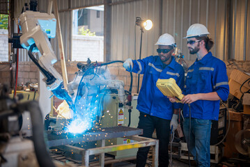 Two engineers mechanic using computer controller Robotic arm for welding steel in steel factory...