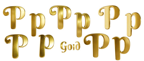 3D alphabet. Golden font with transparent background. Gold. Letter P, p. 5 variants at different angles.