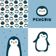 Cute vector collection with penguin. Seamless pattern and animal illustration