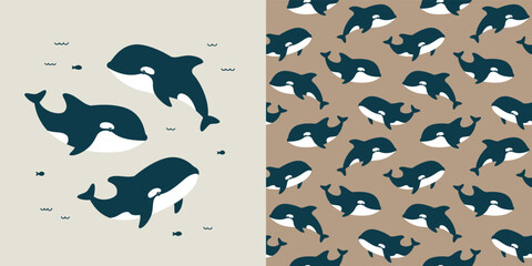 Cute vector collection with killer whale. Seamless pattern and animal illustration - 548563722