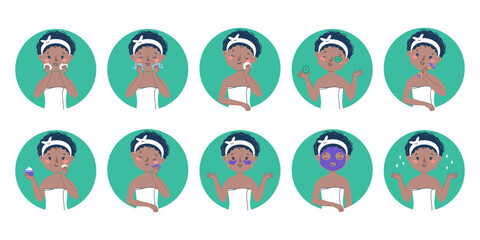 Beautiful african american woman taking care of her facial skin step by step. Big vector set. Illustration in a circle isolated on white background