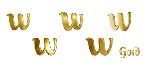 Naklejka na ściany i meble 3D alphabet. Golden font with transparent background. Gold. Letter w. 5 variants at different angles.