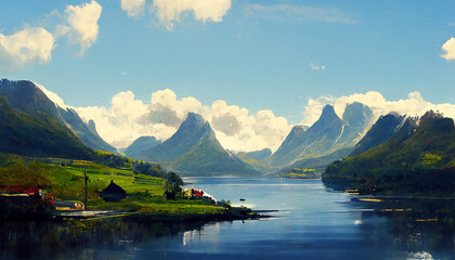 Norway mountain river small village