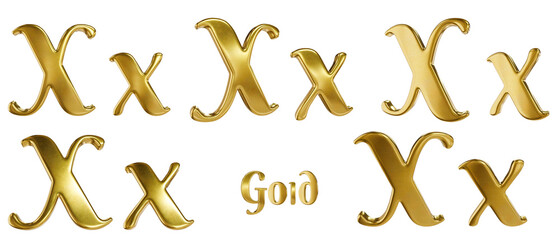 3D alphabet. Golden font with transparent background. Gold. Letter X, x. 5 variants at different angles.