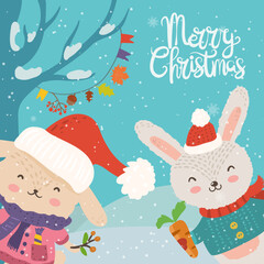 Cartoon illustration for holiday theme with  two happy funny rabbits on winter background with trees and snow. Greeting card for Merry Christmas and Happy New Year. Vector illustration. - 548564140