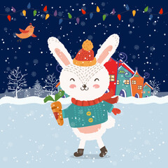 Cartoon illustration for holiday theme with happy funny rabbit on winter background with trees and snow. Greeting card for Merry Christmas and Happy New Year. Vector illustration.