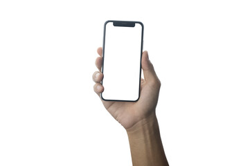 Hand holding Mobile smart phone on white background technology, Mobile phone screen mockup design on isolate with clipping path