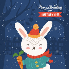 Cartoon illustration for holiday theme with happy funny rabbit on winter background with trees and snow. Greeting card for Merry Christmas and Happy New Year.Vector illustration. - 548564194