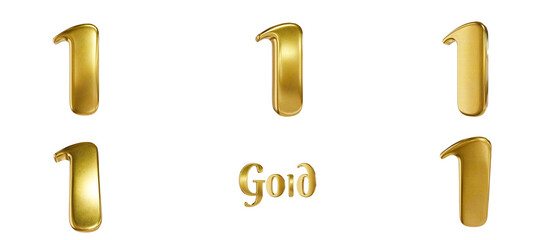 3D alphabet. Golden font with transparent background. Gold. Number 1. 5 variants at different angles.