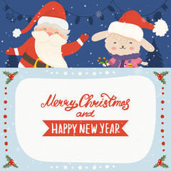 Cartoon illustration for holiday theme with happy Santa Claus and rabbit on winter background with trees and snow. Greeting card for Merry Christmas and Happy New Year. Vector illustration. - 548564322