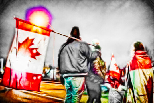 Freedom Convoy protestors carry flags in Canada
