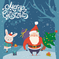 Cartoon illustration for holiday theme with happy Santa Claus and rabbit on winter background with trees and snow. Greeting card for Merry Christmas and Happy New Year. Vector illustration.