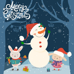 Cartoon illustration for holiday theme with snowman and two happy funny rabbits on winter background with trees and snow. Greeting card for Merry Christmas and Happy New Year. Vector illustration.
