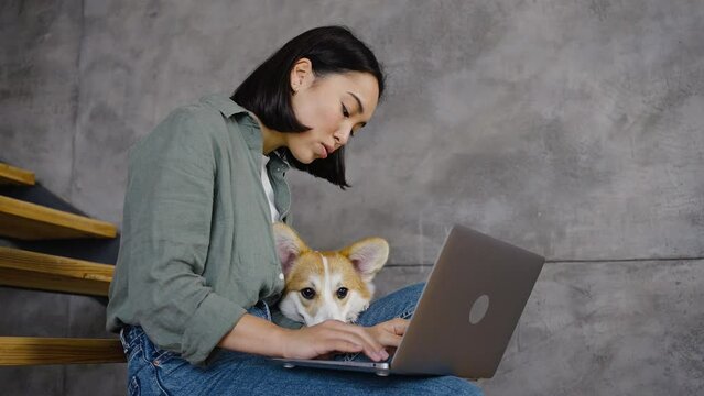 Young Asian woman works online with cute domestic dog