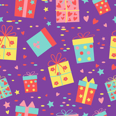Pattern Gifts in boxes. Doodle drawings. Seamless, holiday decor. Bright color packaging with gifts for Birthday, Christmas, New Year, Valentine's Day. Confetti. Background, texture. Vector graphics.