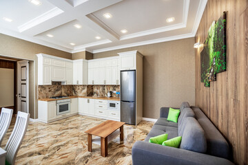 studio kitchen in apartments in a modern style. white kitchen with wooden countertop. White dining...