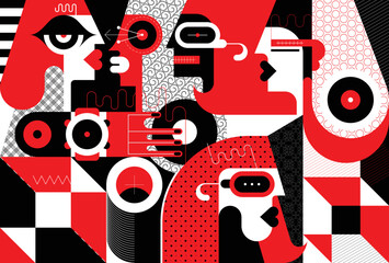 Illustration vectorielle noire et rouge d& 39 art moderne d& 39 un grand groupe de personnes et de formes géométriques abstraites.