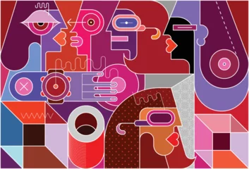 Gordijnen Moderne kunst vectorillustratie van een grote groep mensen en abstracte geometrische vormen. ©  danjazzia