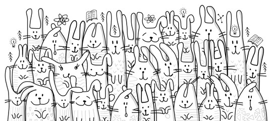 Funny Bunnies family. Rabbit - symbol of 2023 chineese new year. Chreeting card design idea. Cute characters. Colouring page design, outline style. Vector illustration