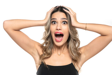 beautiful young surprised happy women with makeup and long wavy hair on a white background.