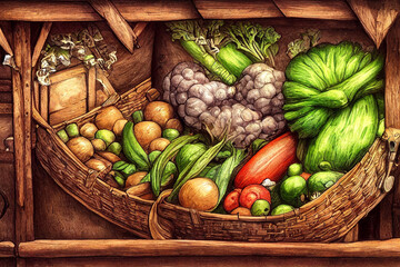 Medieval vegetable market, generative ai illustration